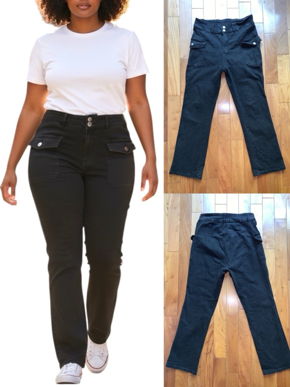 Shein Curve Black High Waisted Cargo Jeans Stretch Denim